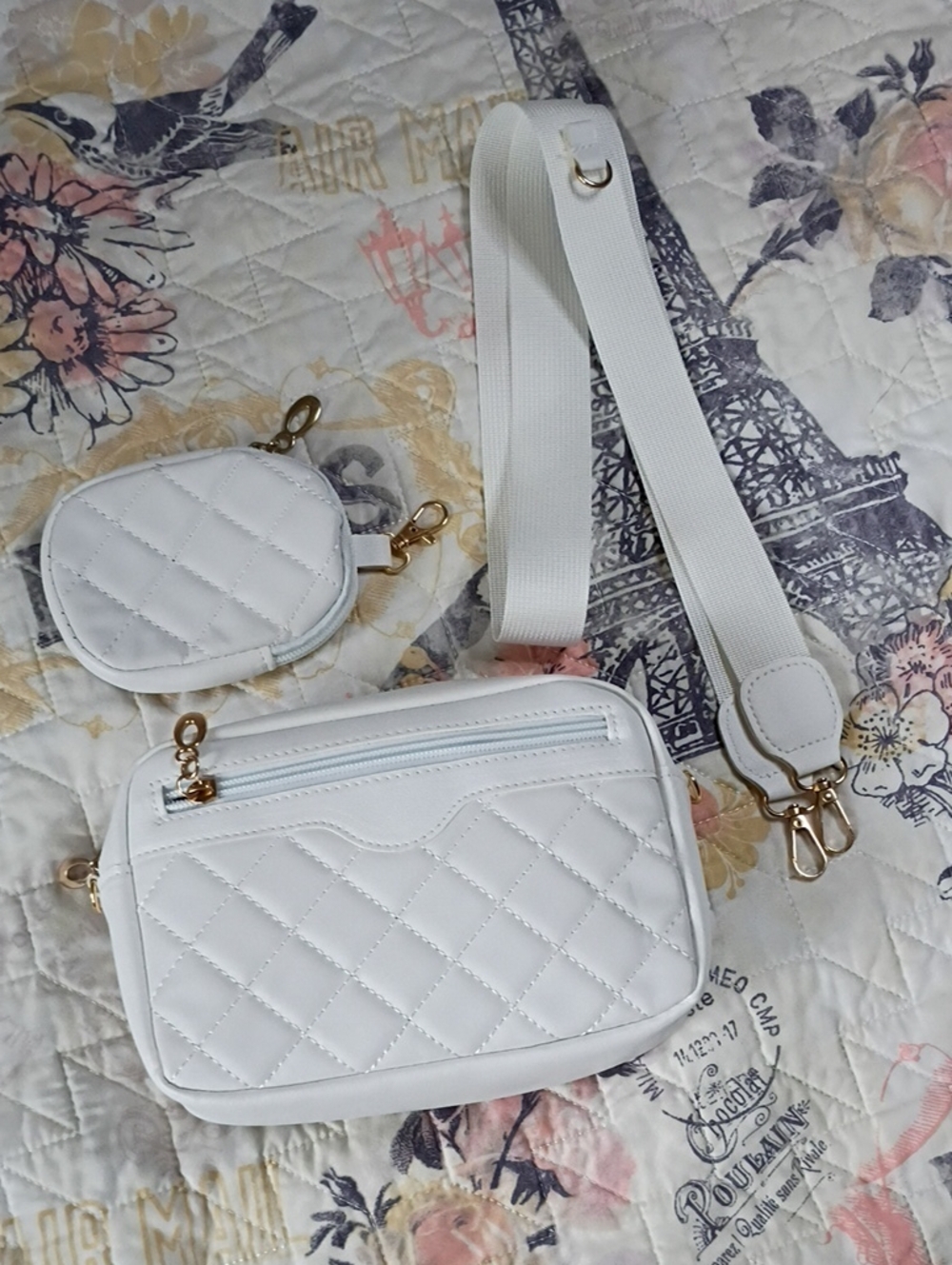 White Quilted Crossbody Bag with Detachable Strap and Pouch
